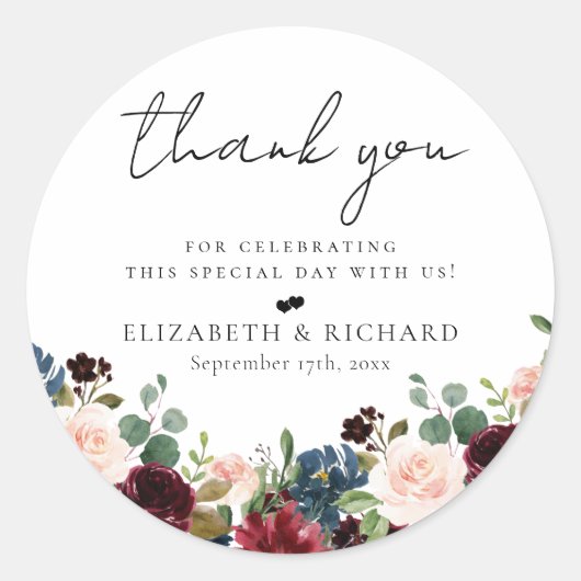 Burgundy Blush Navy Floral Wedding Ronde Sticker (Voorkant)