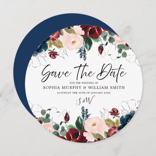 Burgundy Blush & Navy Floral Wedding Save The Date (Voorkant / Achterkant)