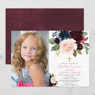 Burgundy blush navy girl eerste communiquefoto kaart