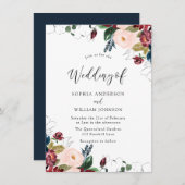 Burgundy Blush Navy Indigo Bloemen Bruiloft Kaart (Voorkant / Achterkant)