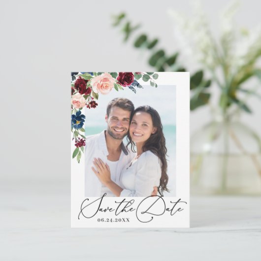 Burgundy Blush Navy PHOTO Weddenschap Save the Dat Briefkaart (Staand voorkant)