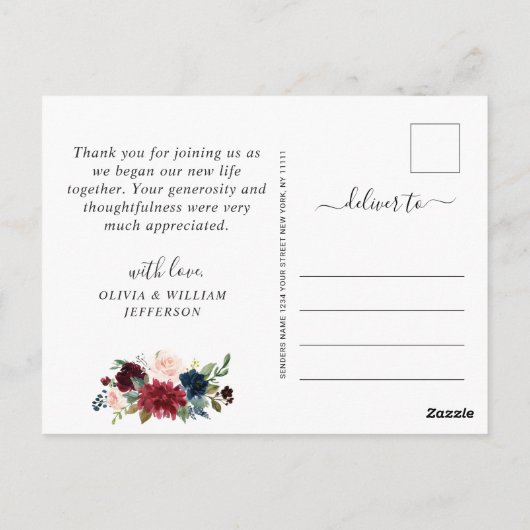 Burgundy Blush Navy Roos Weddenschap Foto bedankt Briefkaart (Achterkant)