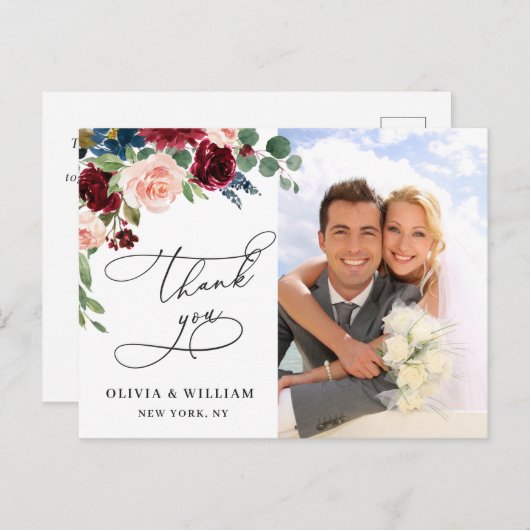 Burgundy Blush Navy Roos Weddenschap Foto bedankt Briefkaart (Voorkant / Achterkant)