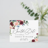 Burgundy Blush Navy Roos Wedding Save the Date Briefkaart (Staand voorkant)