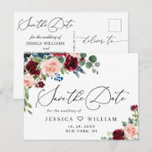 Burgundy Blush Navy Roos Wedding Save the Date Briefkaart (Voorkant / Achterkant)
