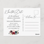 Burgundy Blush Navy Roos Wedding Save the Date Briefkaart (Achterkant)