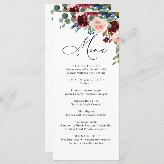Burgundy Blush Navy Rozen Weddenschap Menu (Voorkant / Achterkant)
