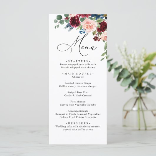 Burgundy Blush Navy Rozen Weddenschap Menu (Staand voorkant)