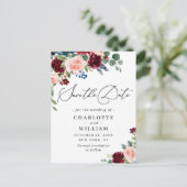 Burgundy Blush Navy Rozen Weddenschap redden Datum Briefkaart (Staand voorkant)