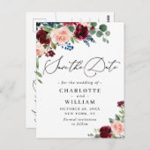 Burgundy Blush Navy Rozen Weddenschap redden Datum Briefkaart (Voorkant / Achterkant)