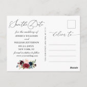 Burgundy Blush Navy Rozen Weddenschap redden Datum Briefkaart (Achterkant)