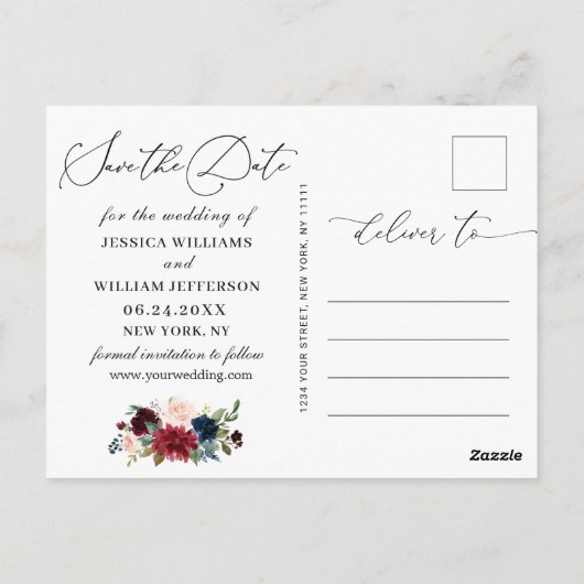 Burgundy Blush Navy Rozen Weddenschap redden Datum Briefkaart (Achterkant)