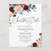 Burgundy Blush Navy Rozen Weddenschap redden Datum Briefkaart (Voorkant)