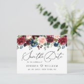 Burgundy Blush Navy Rozen Weddenschap redden Datum Briefkaart (Staand voorkant)