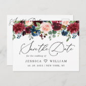 Burgundy Blush Navy Rozen Weddenschap redden Datum Briefkaart (Voorkant / Achterkant)