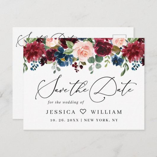 Burgundy Blush Navy Rozen Weddenschap redden Datum Briefkaart (Voorkant / Achterkant)