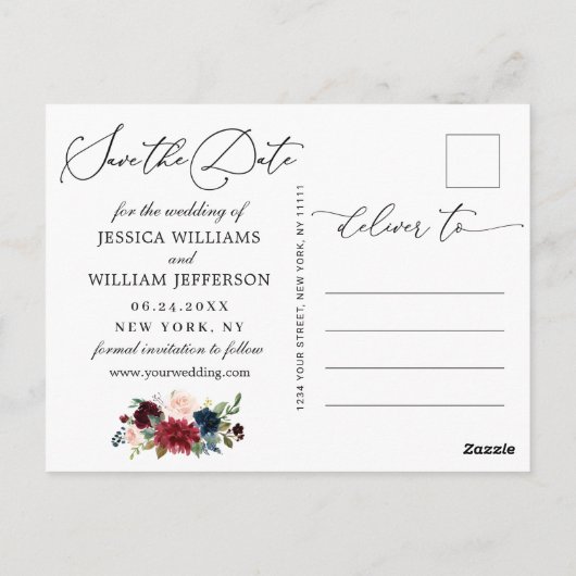 Burgundy Blush Navy Rozen Weddenschap redden Datum Briefkaart (Achterkant)