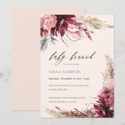 Burgundy Blush Pampas Grass Baby Brunch Invite Bedankkaart (Voorkant / Achterkant)