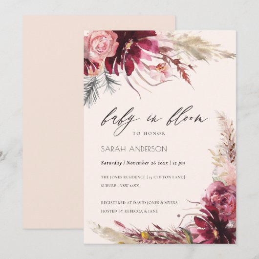 Burgundy Blush Pampas Grass Baby in Bloom Invite Bedankkaart (Voorkant / Achterkant)