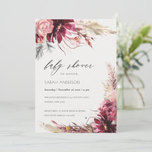 Burgundy Blush Pampas Grass Baby shower Invite Bedankkaart (Staand voorkant)