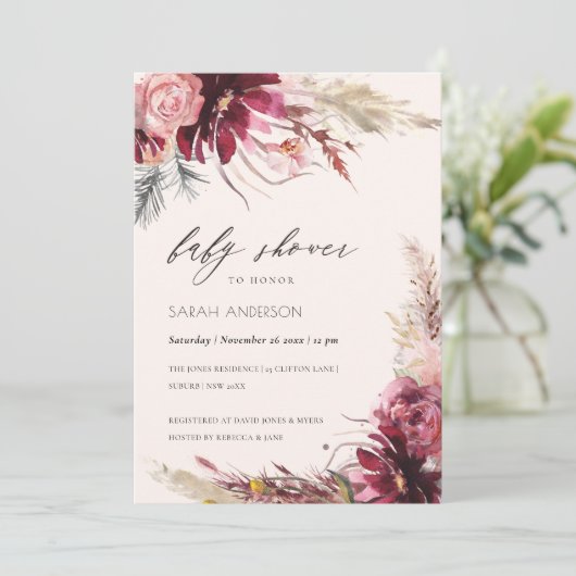 Burgundy Blush Pampas Grass Baby shower Invite Bedankkaart (Staand voorkant)
