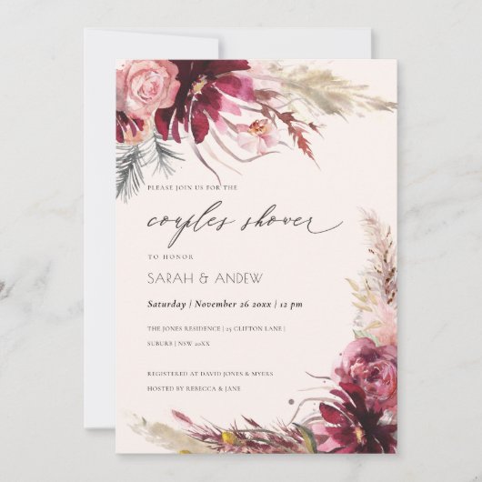 Burgundy Blush Pampas Grass Couples Shower Invite Bedankkaart (Voorkant)