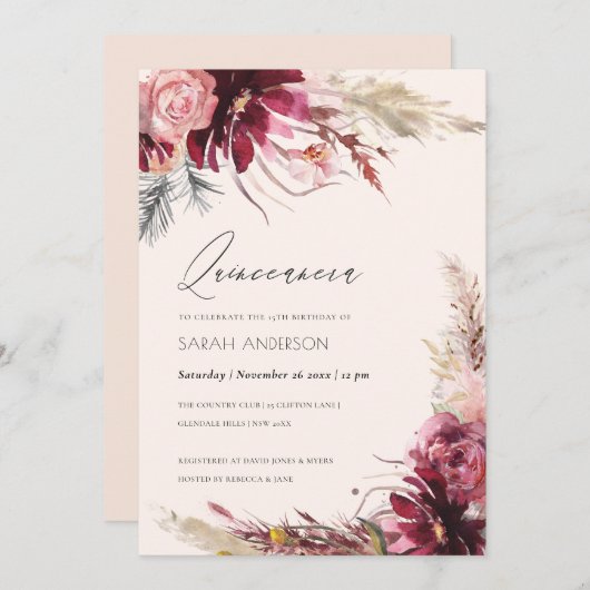 Burgundy Blush Pampas Grass Quinceanera Invite Bedankkaart (Voorkant / Achterkant)