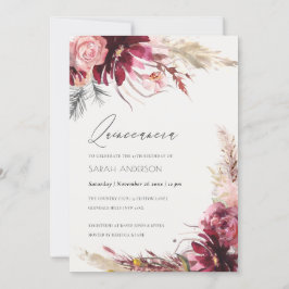 Burgundy Blush Pampas Grass Quinceanera Invite Bedankkaart