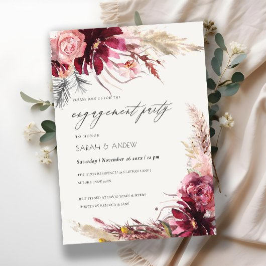 Burgundy Blush Pampas Grass Verloving Invite Bedankkaart