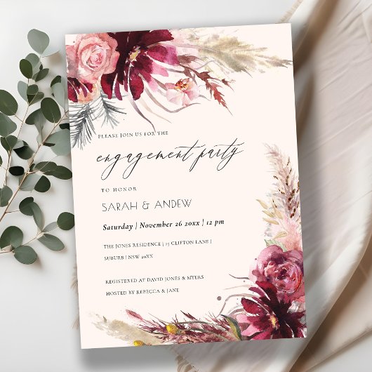 Burgundy Blush Pampas Grass Verloving Invite Bedankkaart