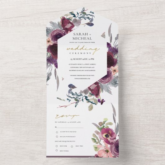 BURGUNDY BLUSH PEACH GROEN WATERVERF FLORAL ALL IN ONE UITNODIGING (Binnen)