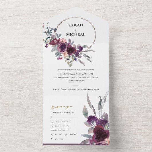 BURGUNDY BLUSH PEACH GROENE GRAY FLORAL WREATH ALL IN ONE UITNODIGING (Binnen)