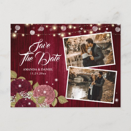 Burgundy Blush Pink 2 Foto slaat de datum op Aankondigingskaart (Voorkant)