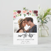 Burgundy & Blush Pink 4 Floral Save the Date Photo (Staand voorkant)