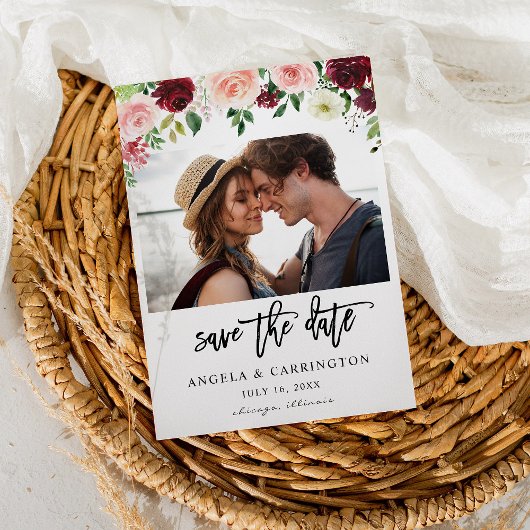 Burgundy & Blush Pink 4 Floral Save the Date Photo