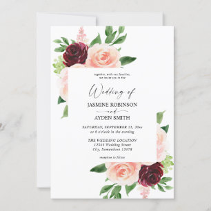 Burgundy & Blush Pink 4 Floral Wedding Uitnodiging