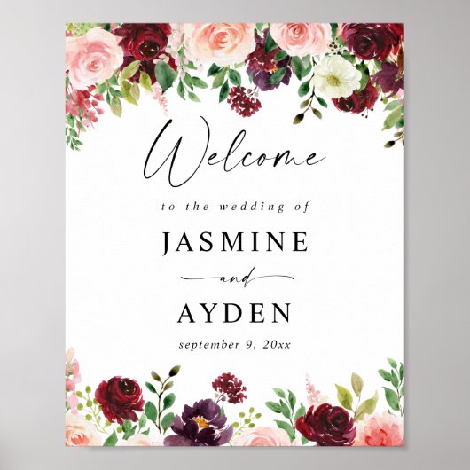Burgundy & Blush Pink 4 Floral Welcome Sign Poster (Voorkant)