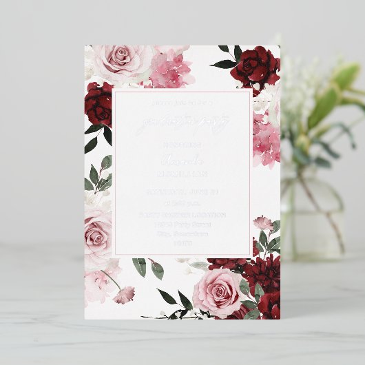 Burgundy & Blush Pink 6 Floral Gradual Party Folie Uitnodiging (Staand Voorkant)