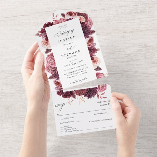 Burgundy & Blush Pink 8B Weddenschap 2 All In One Uitnodiging