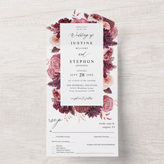 Burgundy & Blush Pink 8B Weddenschap 2 All In One Uitnodiging (Binnen)