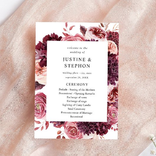 Burgundy & Blush Pink 8B Wedding Ceremony Program Kaart