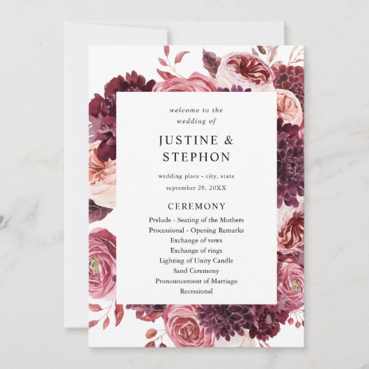 Burgundy & Blush Pink 8B Wedding Ceremony Program Kaart (Voorkant)