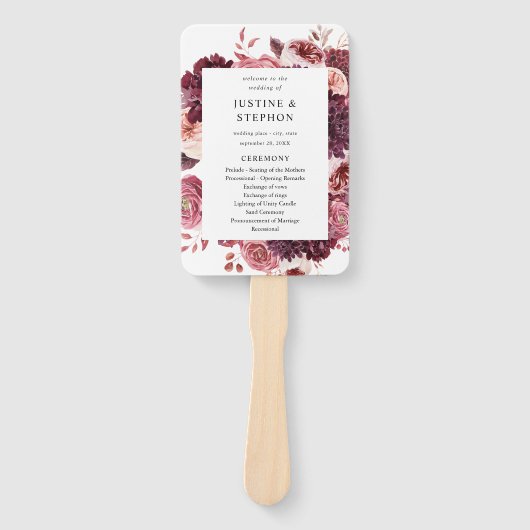 Burgundy & Blush Pink 8B Wedding Programme Handtek Handwaaier (Voorkant)