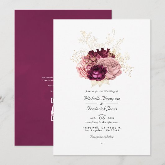 Burgundy Blush Pink and Gold QR Code RSVP Weddensc Kaart (Voorkant / Achterkant)
