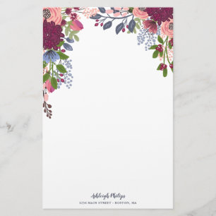 Burgundy Blush Pink Blue Flowers Briefpapier
