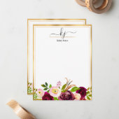 Burgundy Blush Pink Botanical Floral Monogram Notitiekaartje (Voorkant / Achterkant in situ)