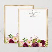 Burgundy Blush Pink Botanical Floral Monogram Notitiekaartje (Voorkant / Achterkant)