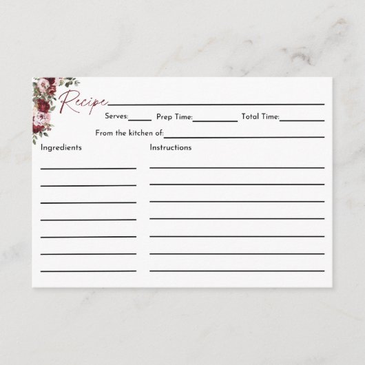 Burgundy Blush Pink Bridal Shower Recipe Card Informatiekaartje (Voorkant)