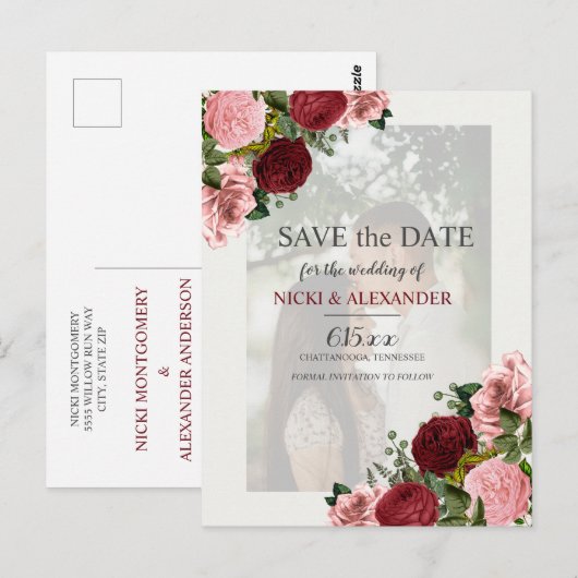 Burgundy Blush Pink Faded Fotobruiloft Opslagdatum Briefkaart (Voorkant / Achterkant)