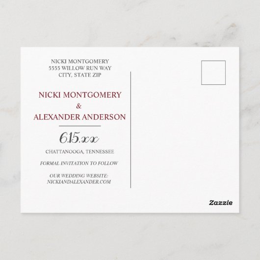 Burgundy Blush Pink Faded Fotobruiloft Opslagdatum Briefkaart (Achterkant)